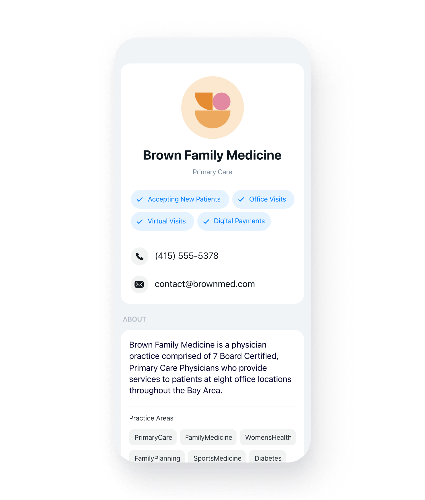 Clinic profile card in the Spruce app