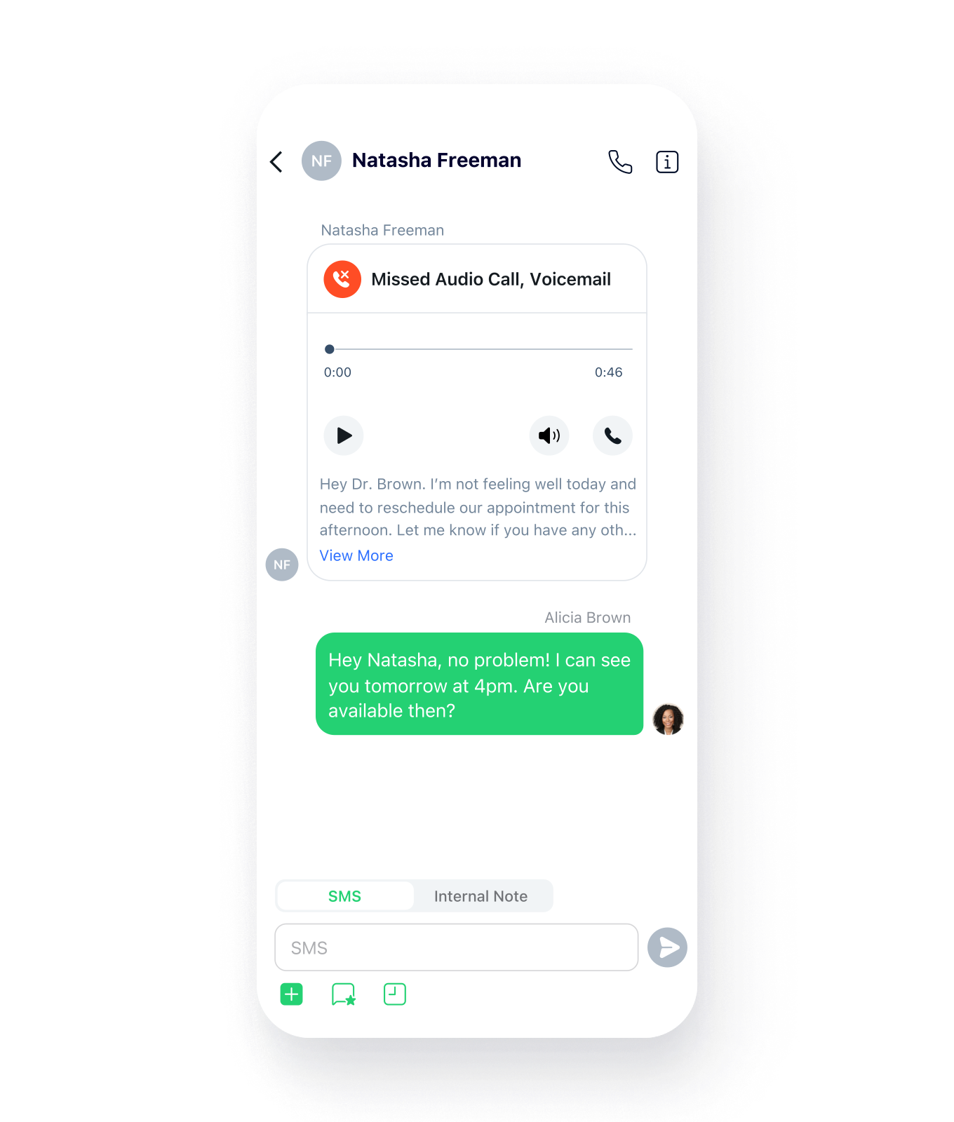 Voicemail transcript and SMS conversation in the Spruce app