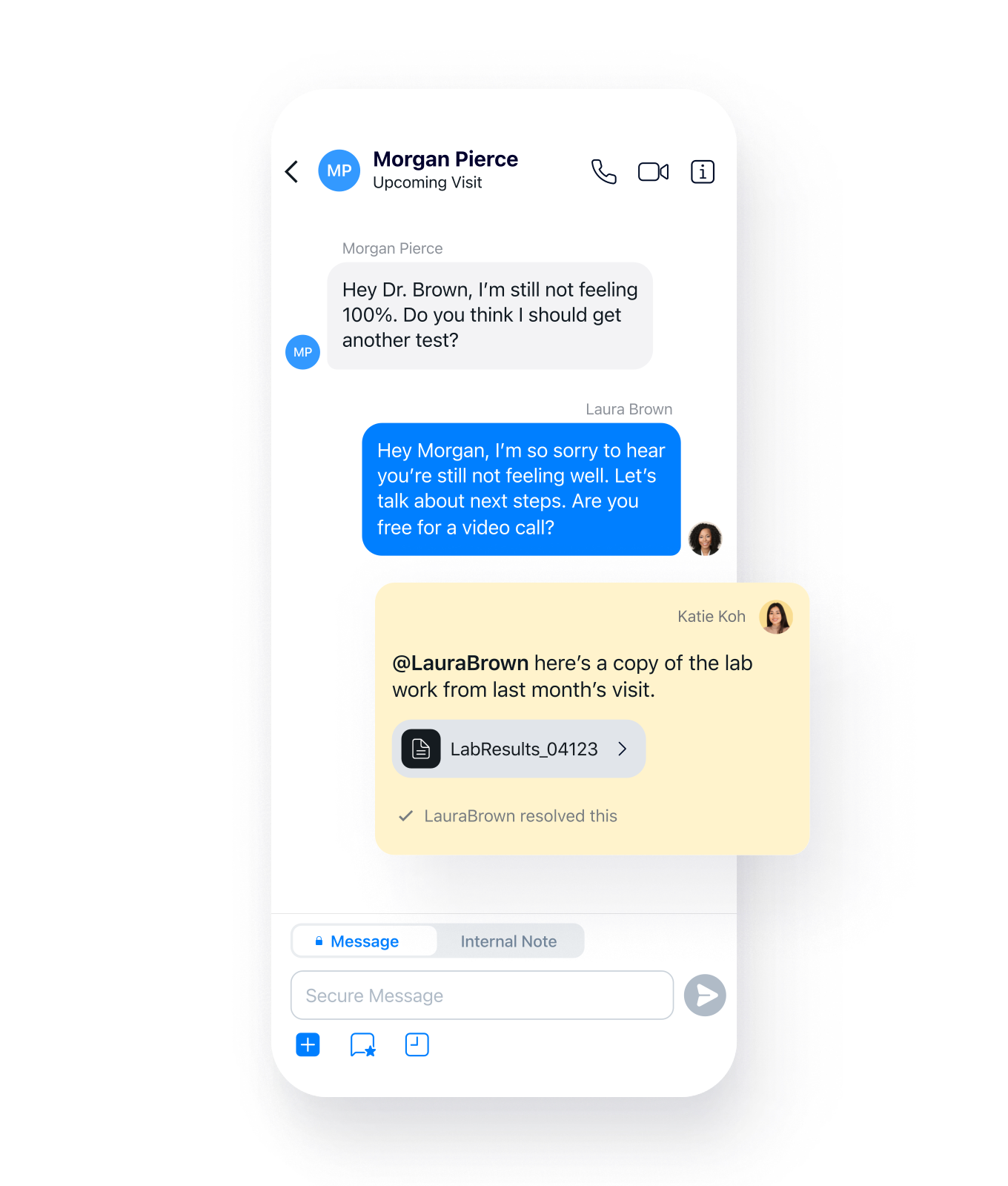 Team conversation with an internal note in the Spruce app