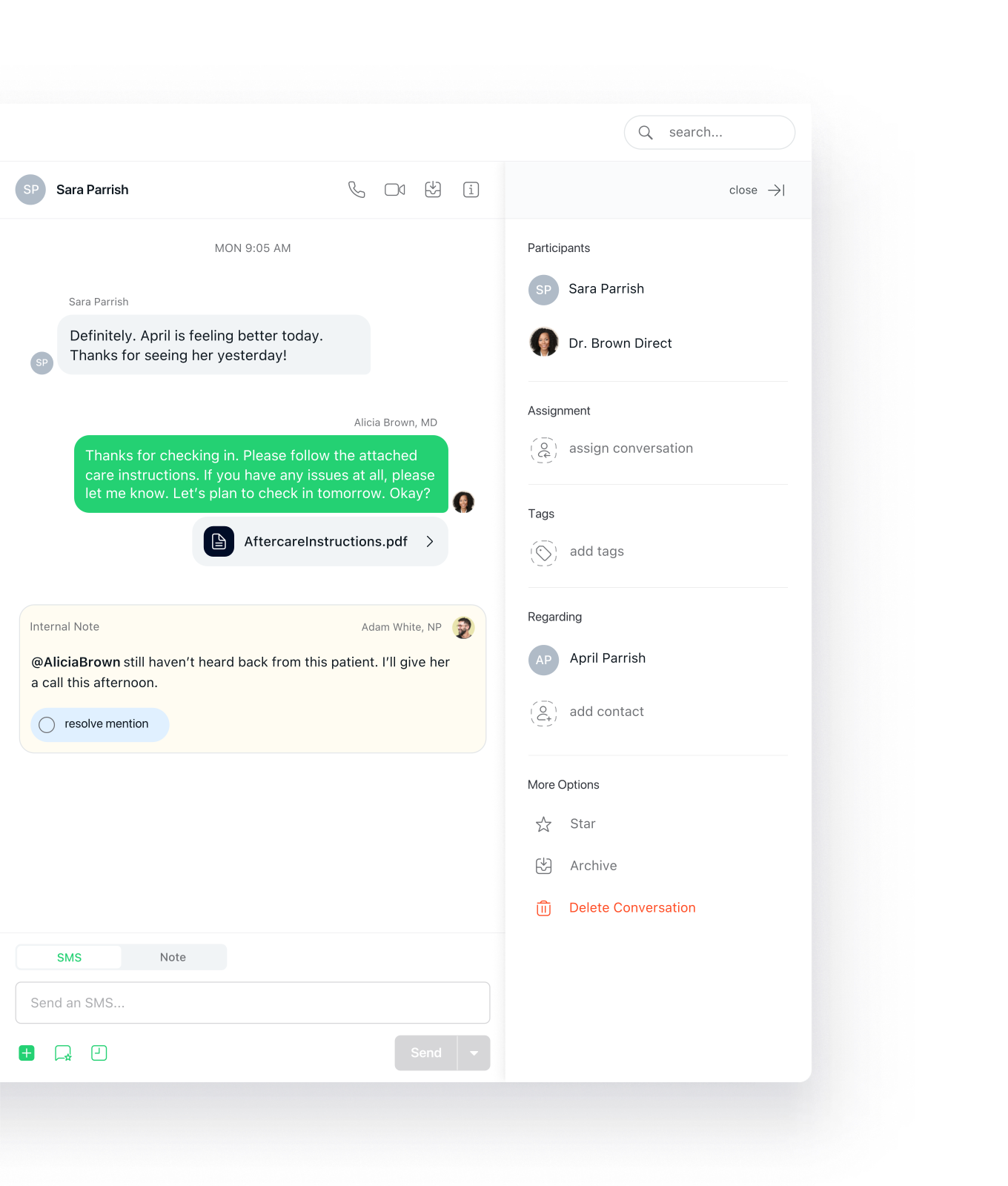 Team conversation with an internal note in the Spruce app