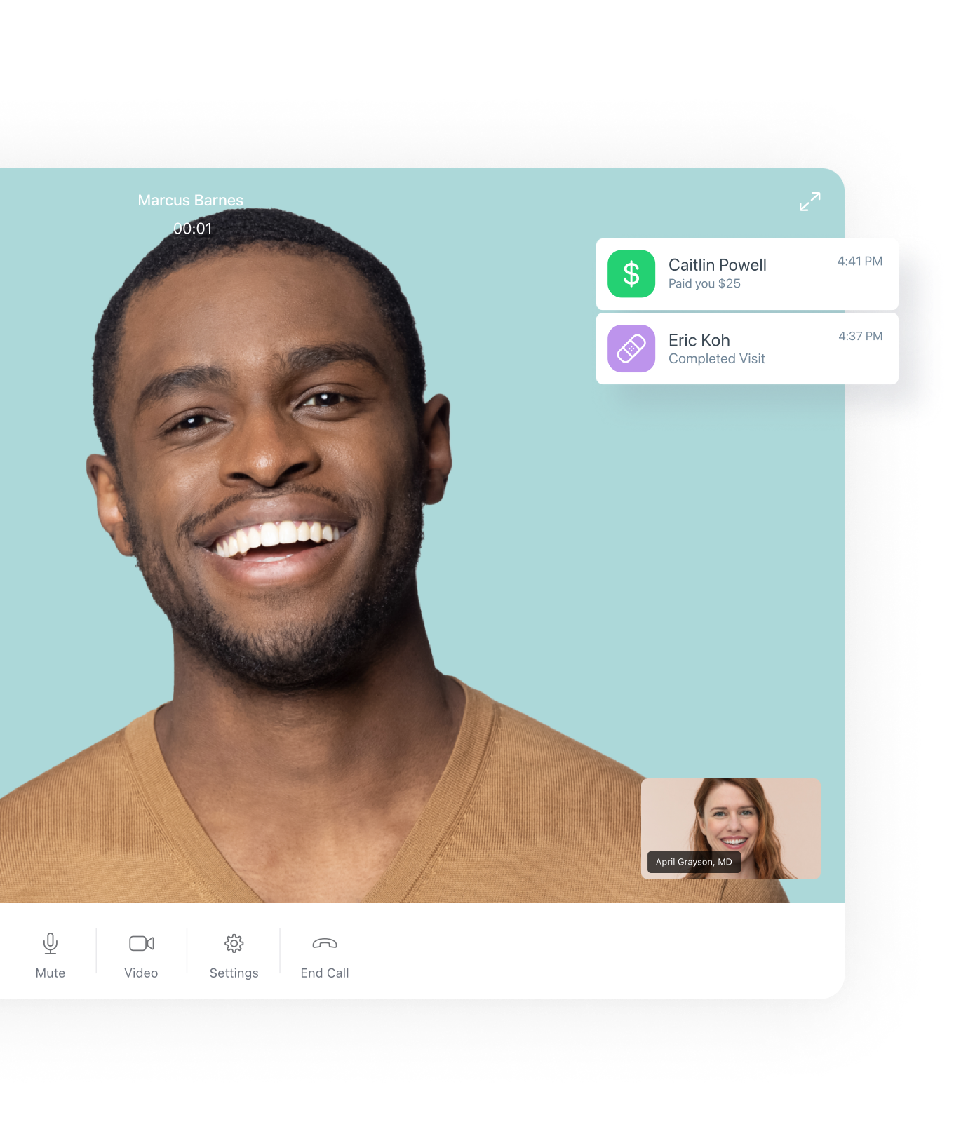 Video visit with patient payment and visit notifications in the Spruce app