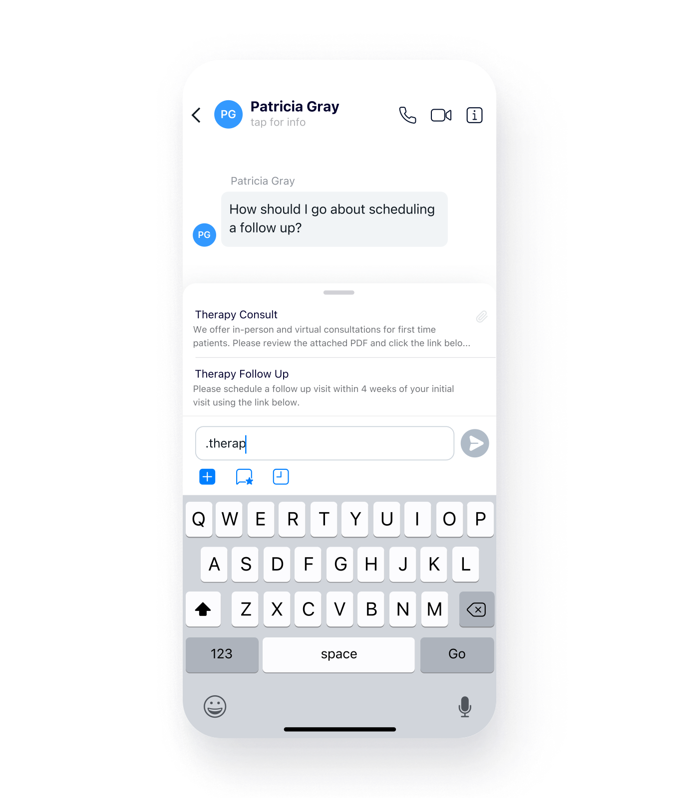 Therapy consult and follow-up scheduling conversation in the Spruce app